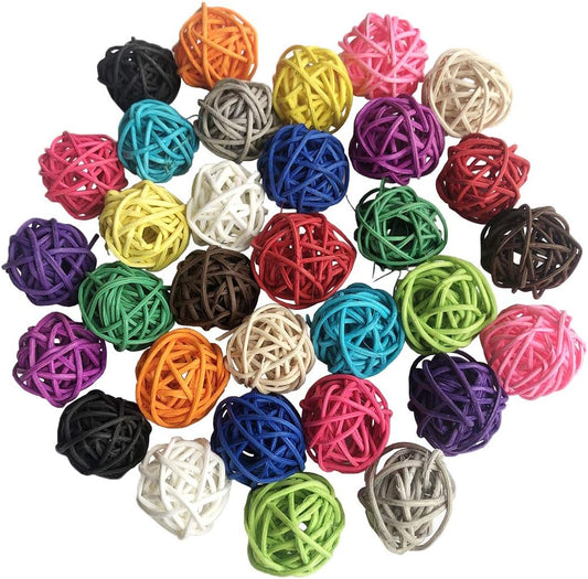 Rattan Balls 32 Pack 1.2 Inch Wicker Ball Birds Quaker Parrot Parakeet Chewing Pet Bite Ball for Budgies Conures Hamsters Ball Orbs Crafts DIY Accessories Vase Fillers (Multi-Colored)