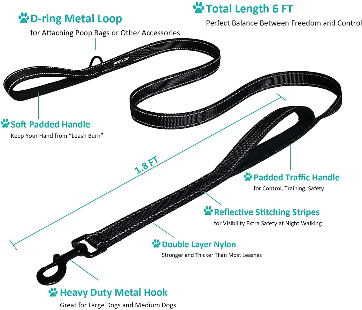 Heavy Duty Dog Leash - 2 Handles by Padded Traffic Handle for Extra Control, 6Foot Long - Perfect for Medium to Large Dogs (6 Ft, Black)